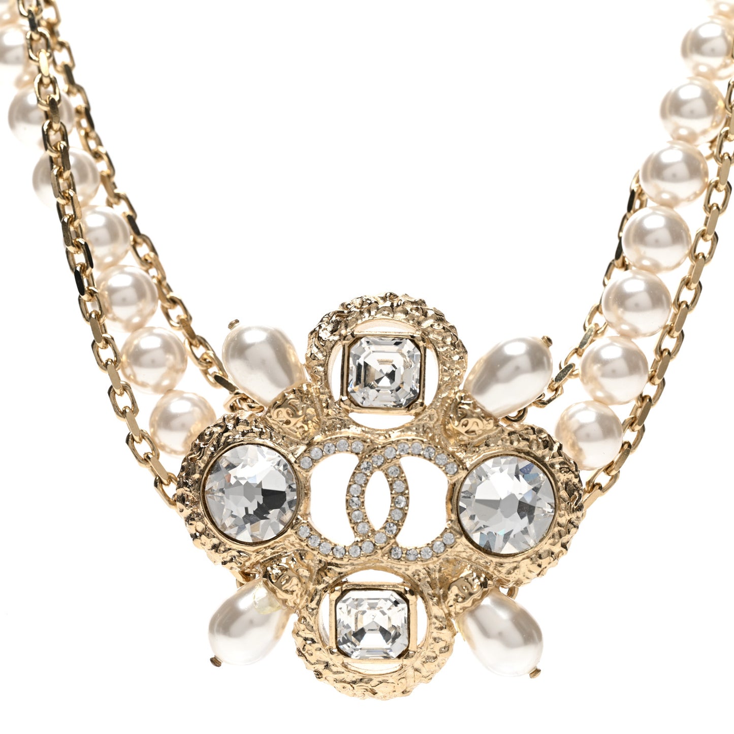 Pearl Crystal Beaded CC Necklace Gold