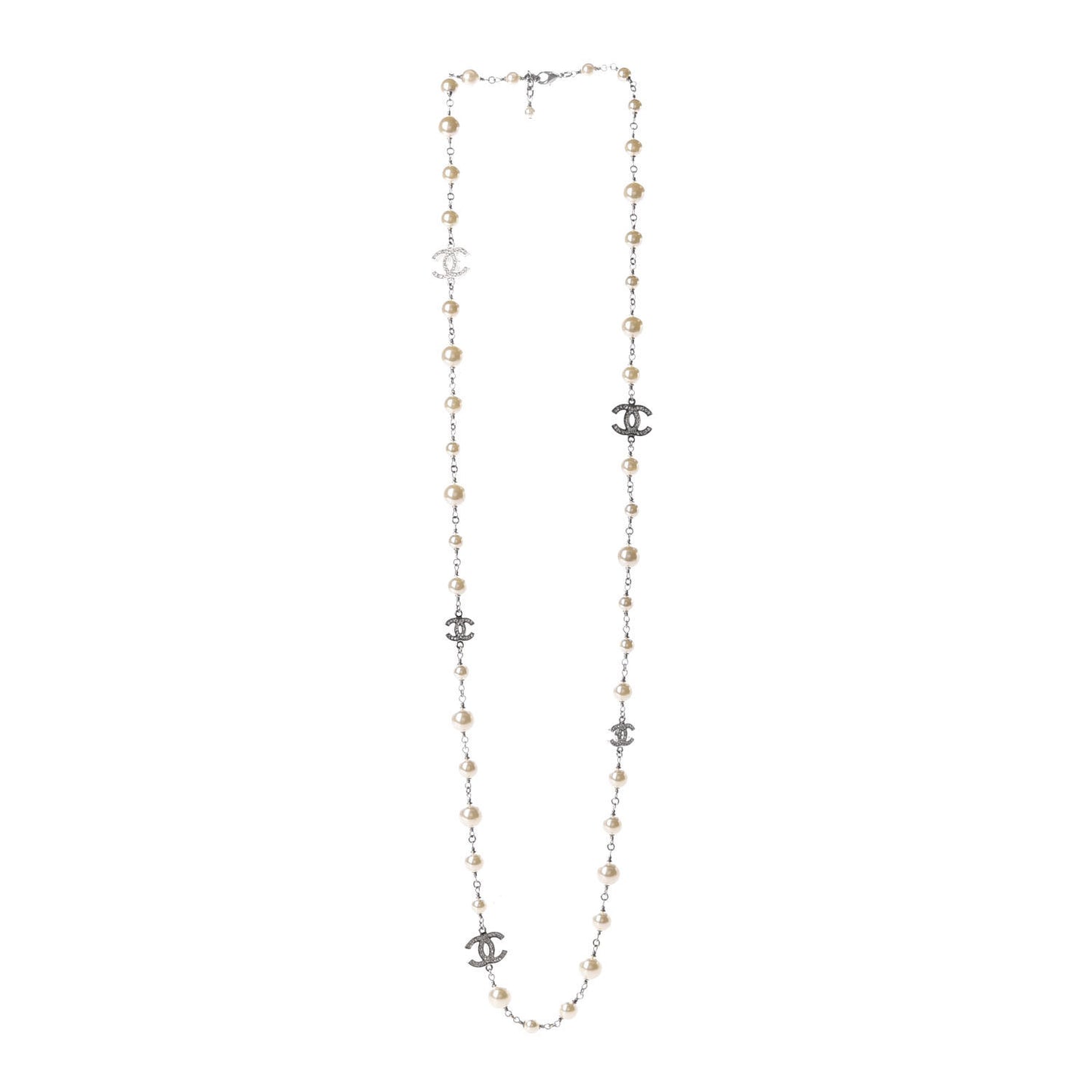 Crystal Pearl CC Long Necklace Silver