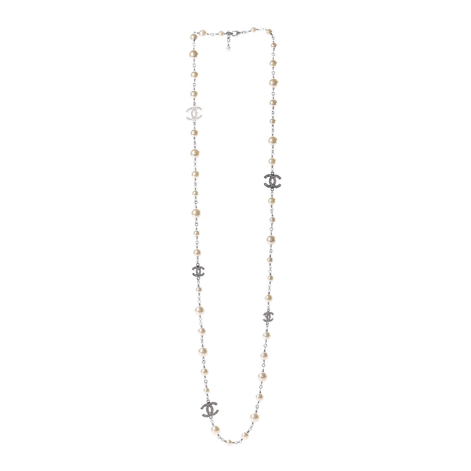 Chanel Crystal Pearl CC Long Necklace Silver 2 of 9