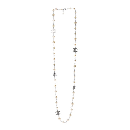 Chanel Crystal Pearl CC Long Necklace Silver 2 of 9