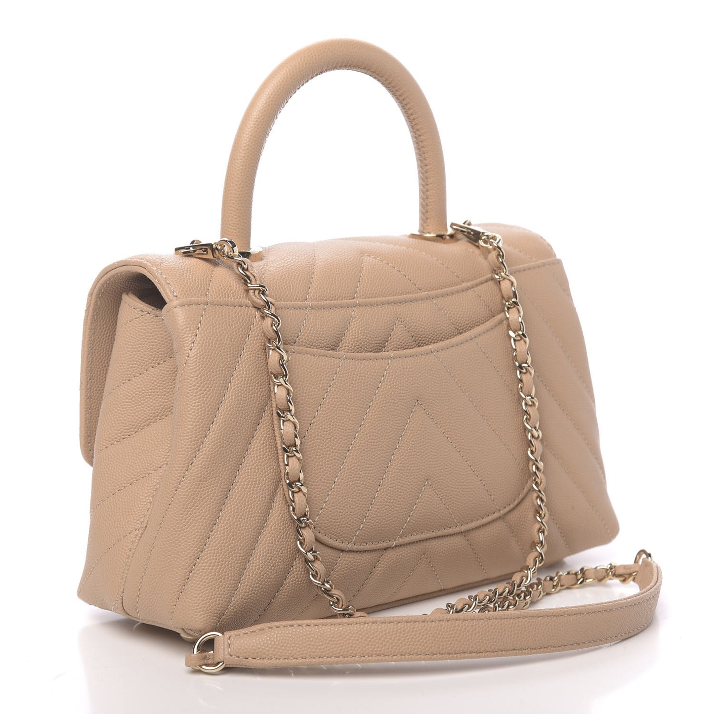 Caviar Chevron Quilted Mini Coco Handle Flap Beige