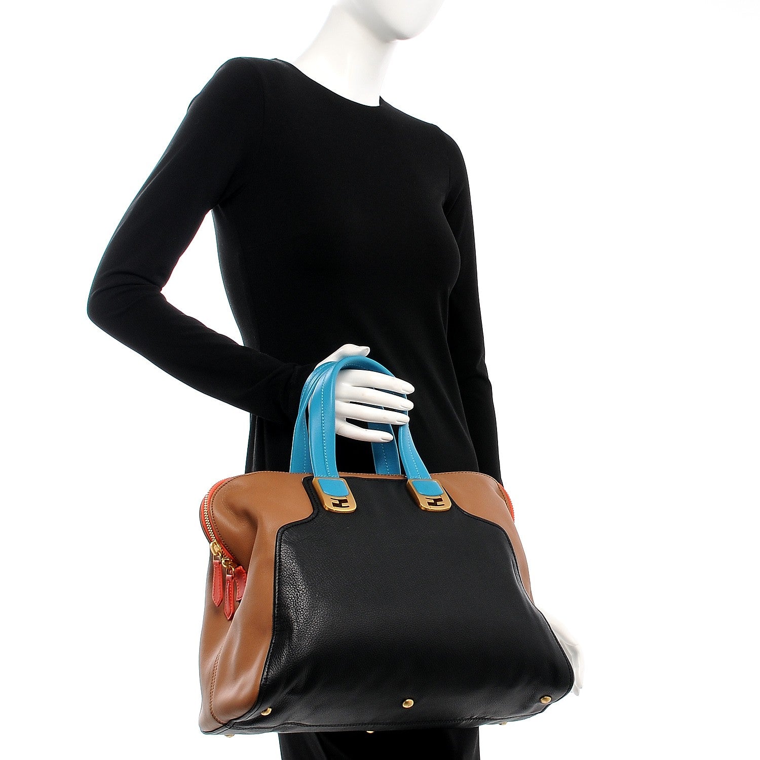 Fendi Capra Vitello Saddle Colorblock Large Chameleon Tote Biscotto 2 of 7