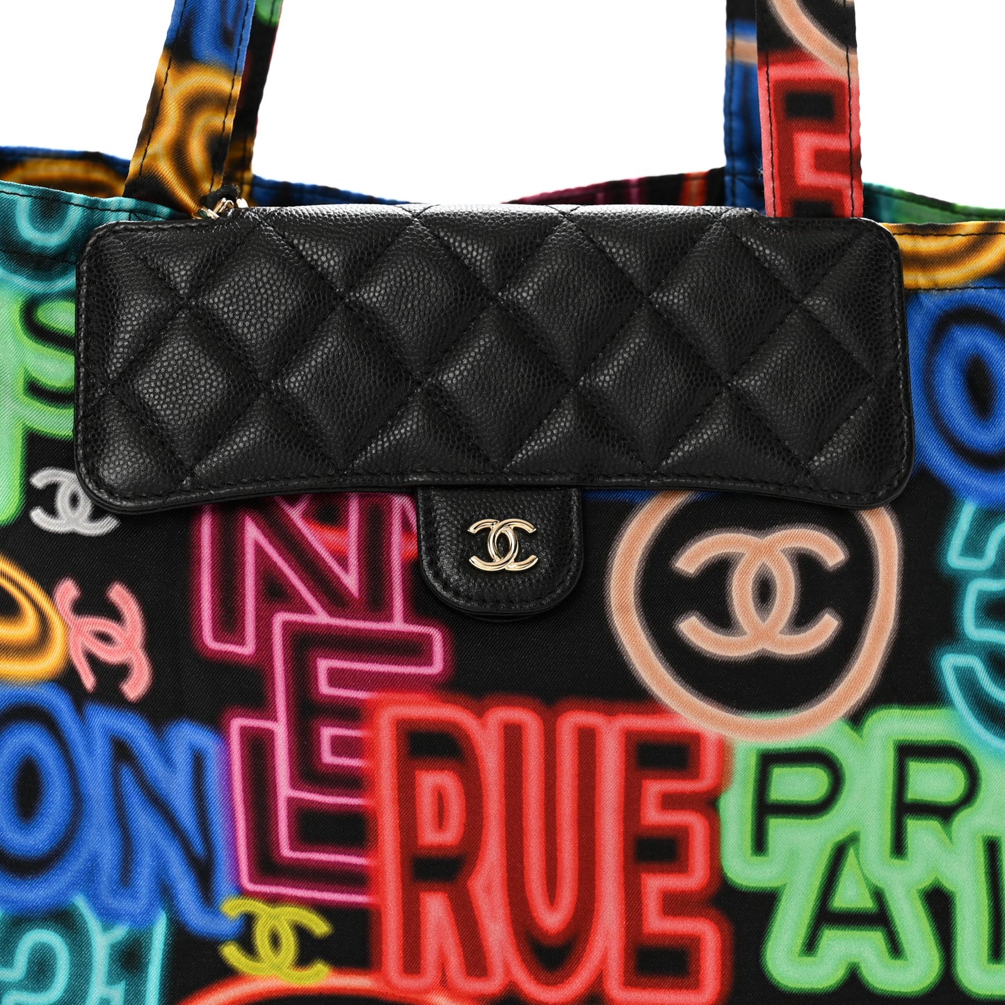 Caviar Fabric Graffiti Foldable Tote Bag With Chain Black Multicolor