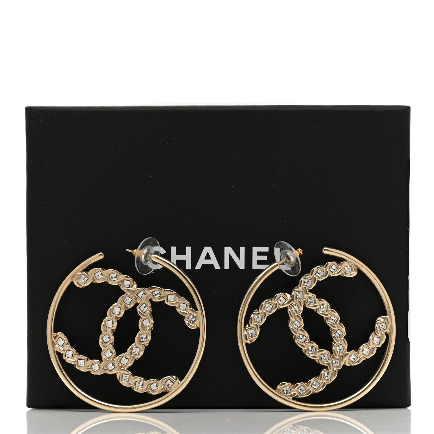Chanel Crystal High Society CC Hoop Earrings Gold 5 of 5
