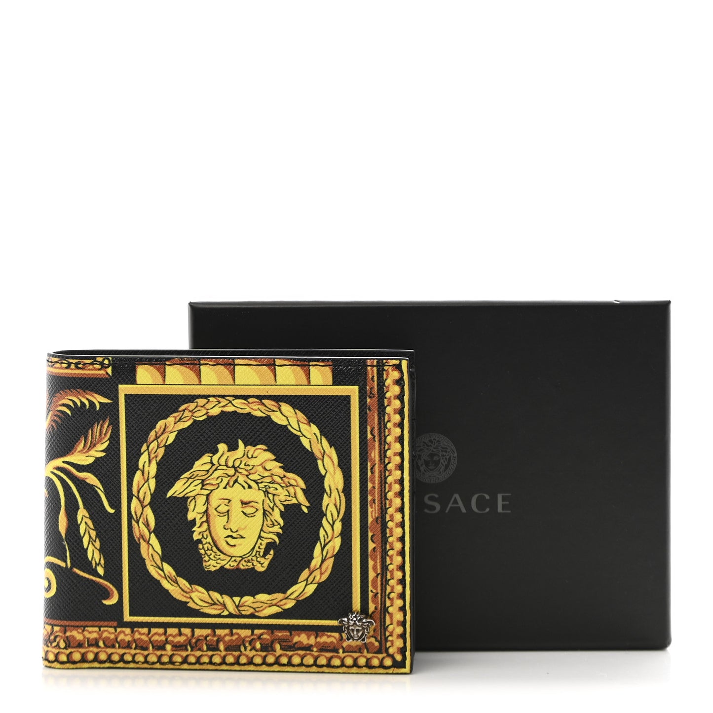 Calfskin PVC Barocco Printed Bi-Fold Wallet Black Gold