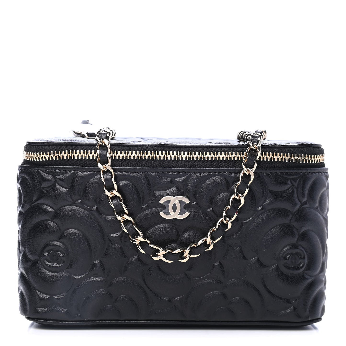 Lambskin Camellia Embossed Small Vanity Case With Chain Black