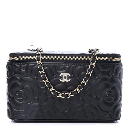 Chanel Lambskin Camellia Embossed Small Vanity Case With Chain Black 1 of 5