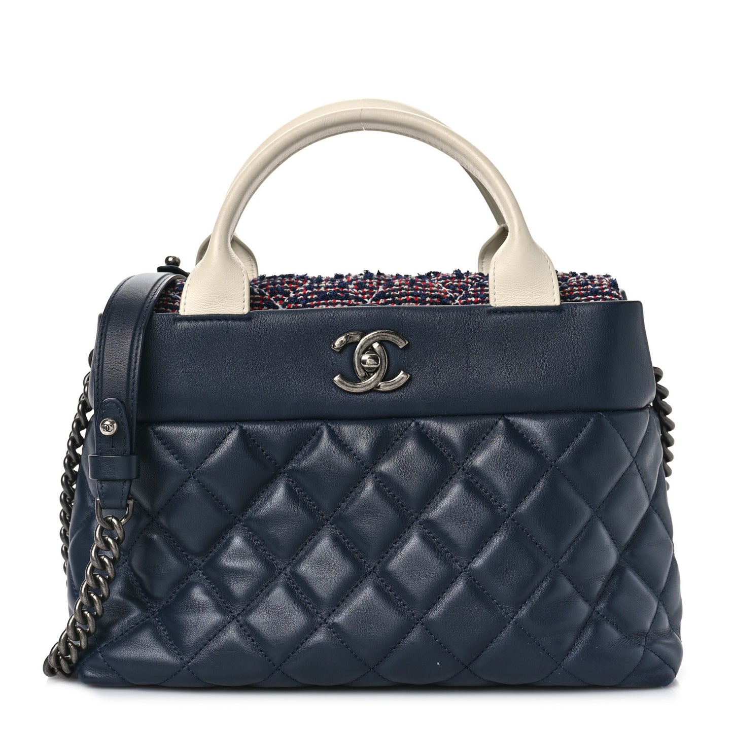 Calfskin Tweed Quilted Small Tote Navy Multicolor