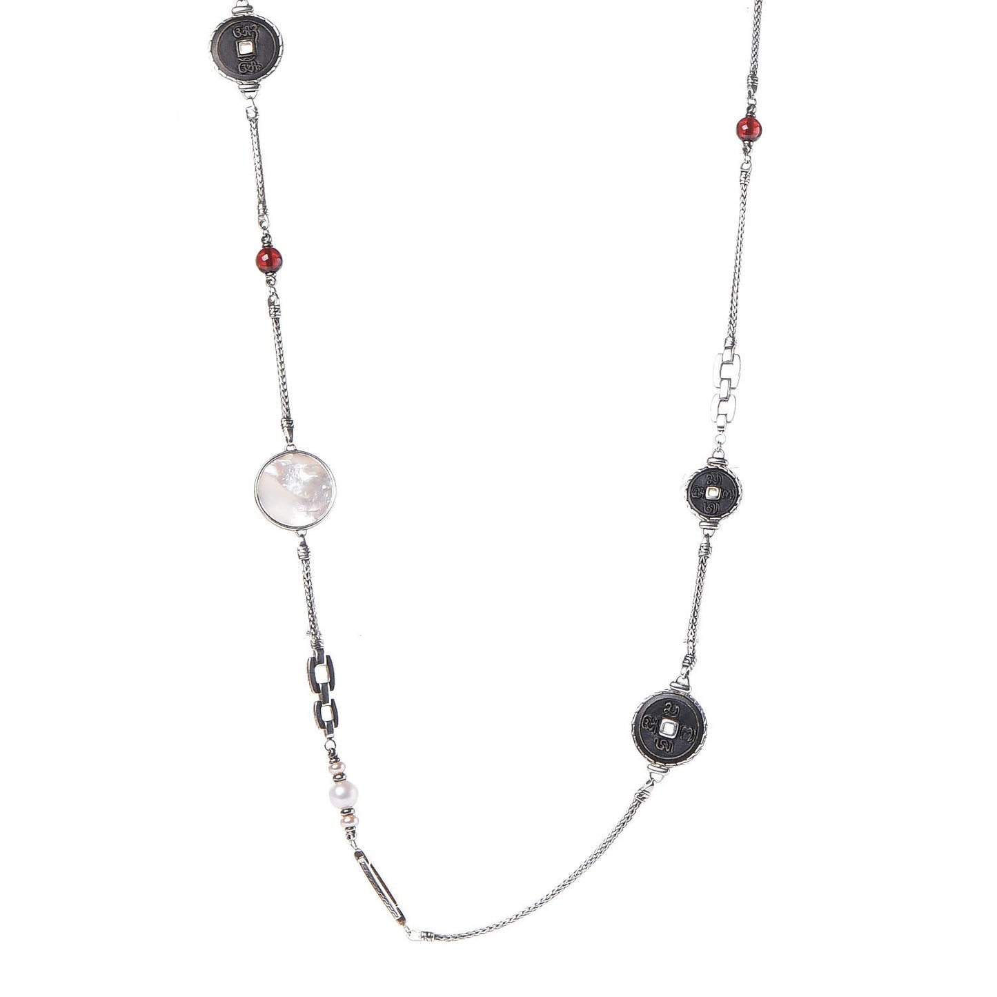 Sterling Silver 18K Yellow Gold Pearl Mother of Pearl Garnet Batu Coin Long Necklace