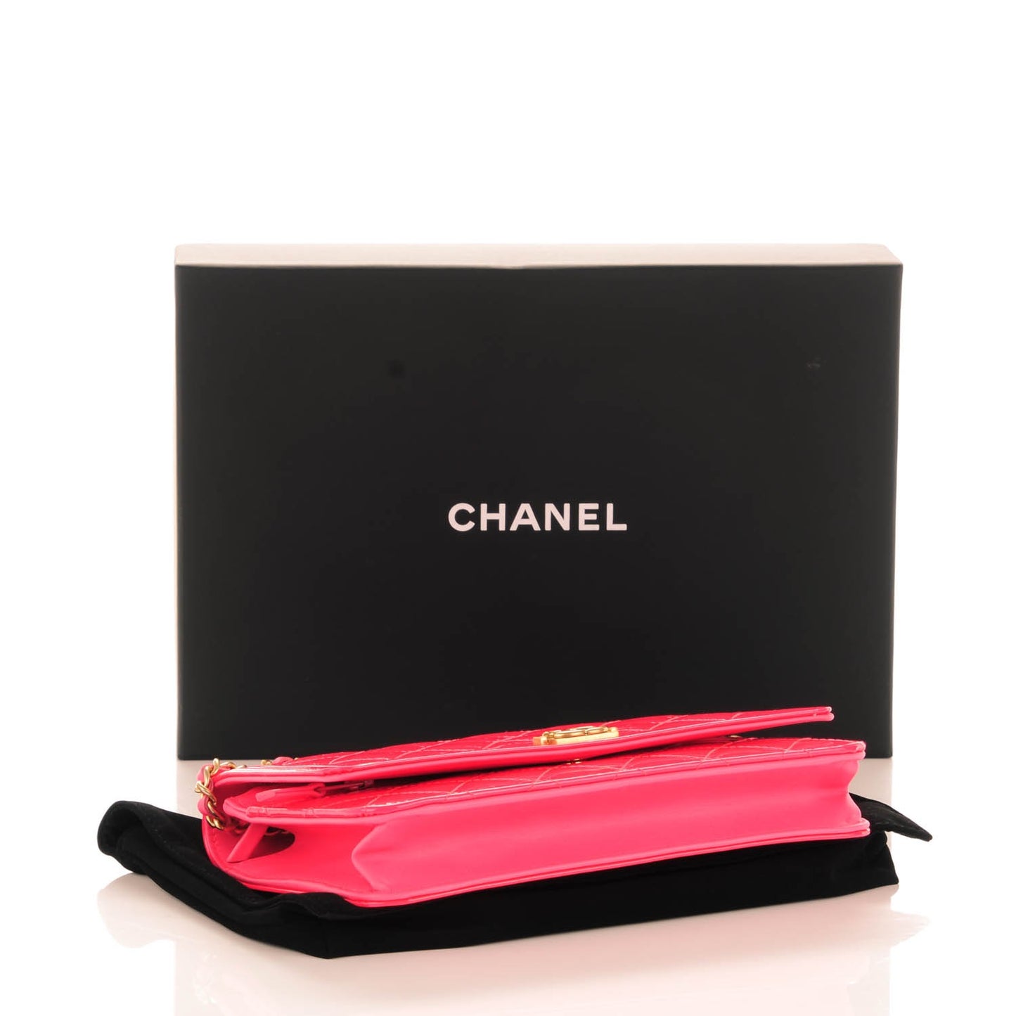 Patent Calfskin Quilted Boy Wallet On Chain WOC Pink