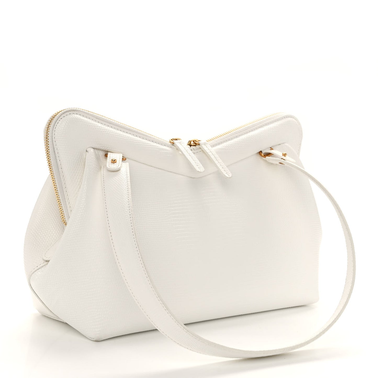 Calfskin Lizard Embossed M Frame Bag White