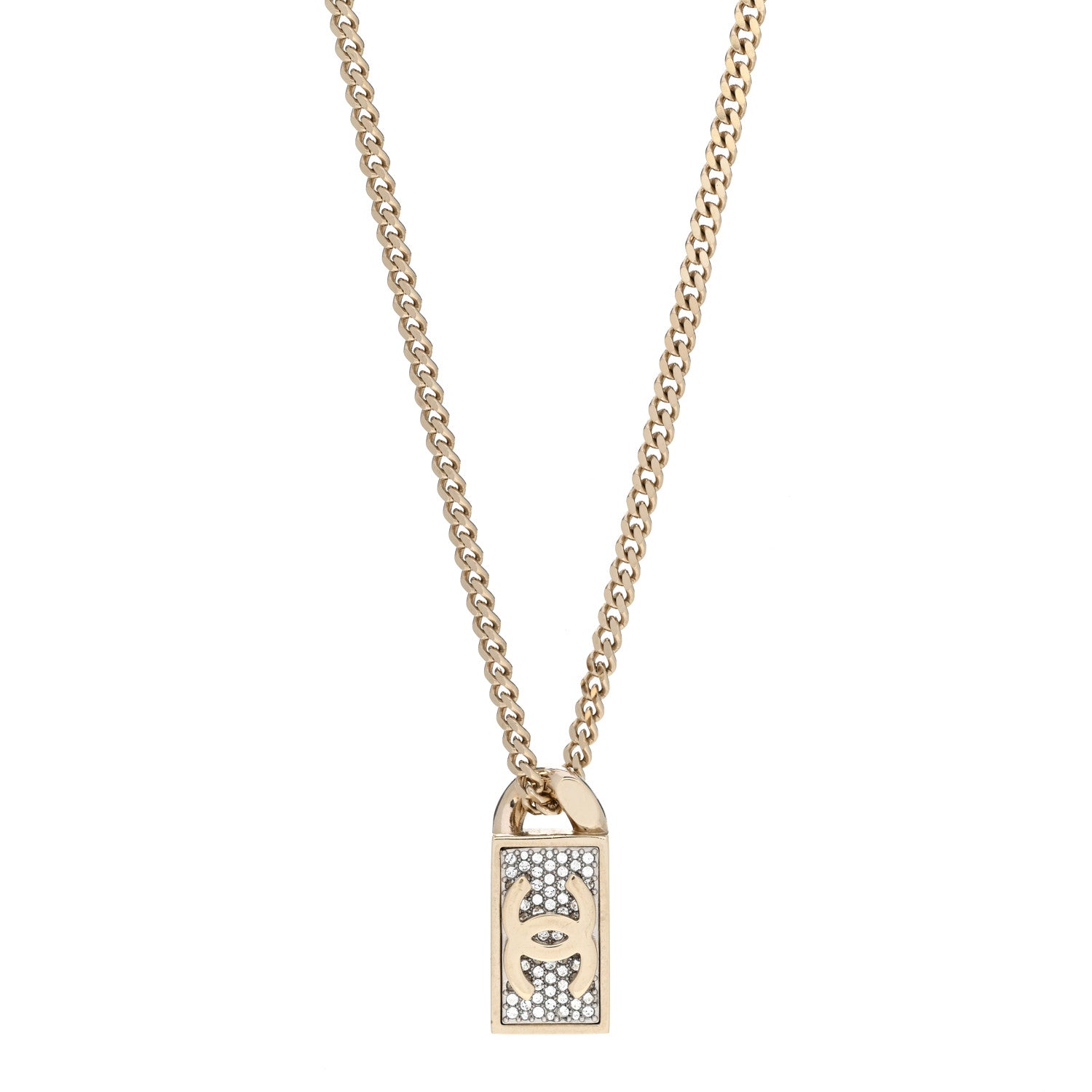 Chanel Crystal Dog Tag Chain Necklace Gold 1 of 7