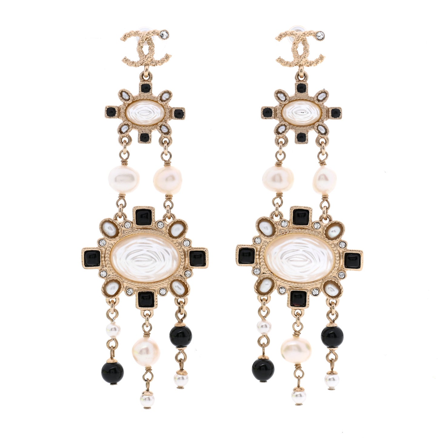 Enamel Pearl CC Drop Earrings Black Gold