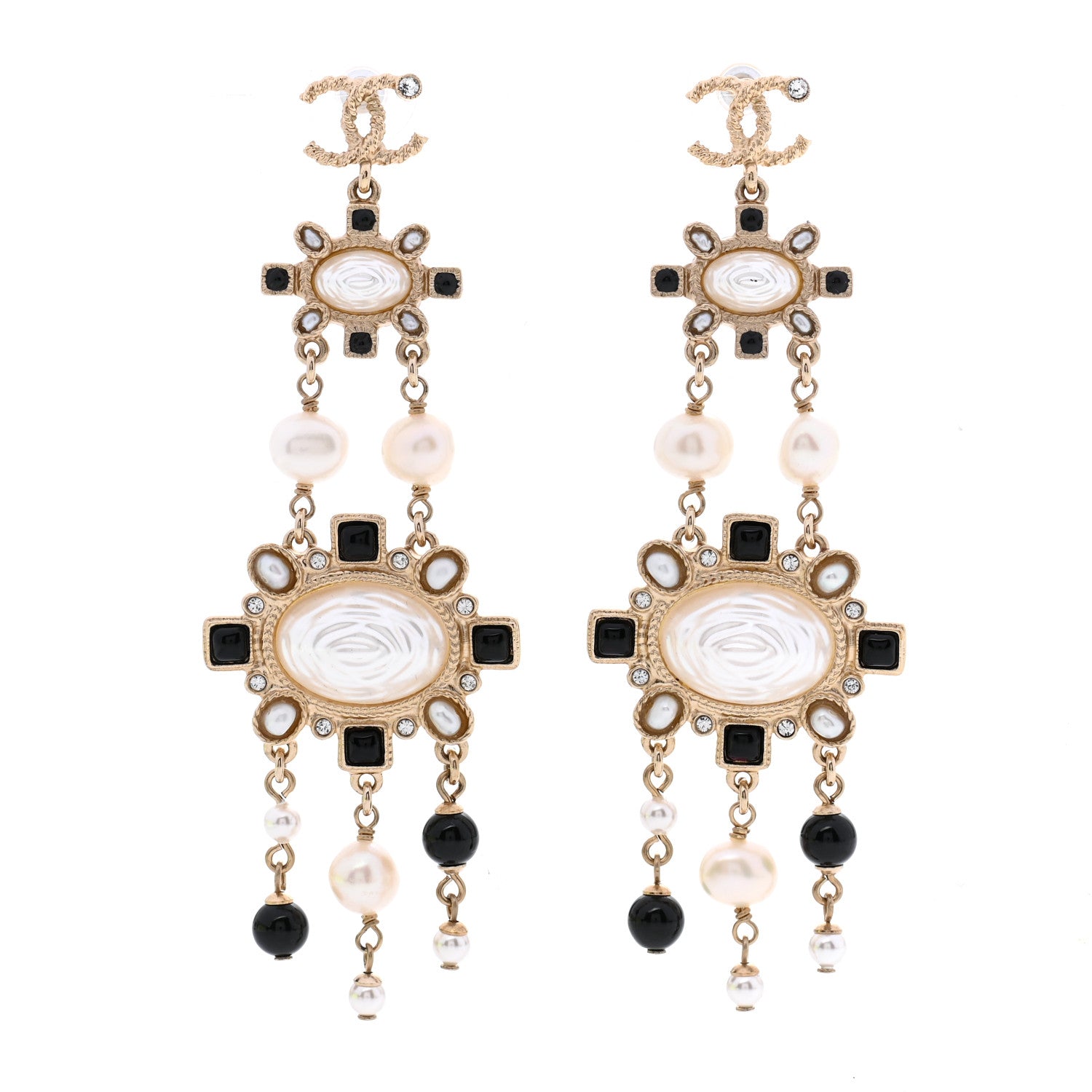 Chanel Enamel Pearl CC Drop Earrings Black Gold 1 of 5