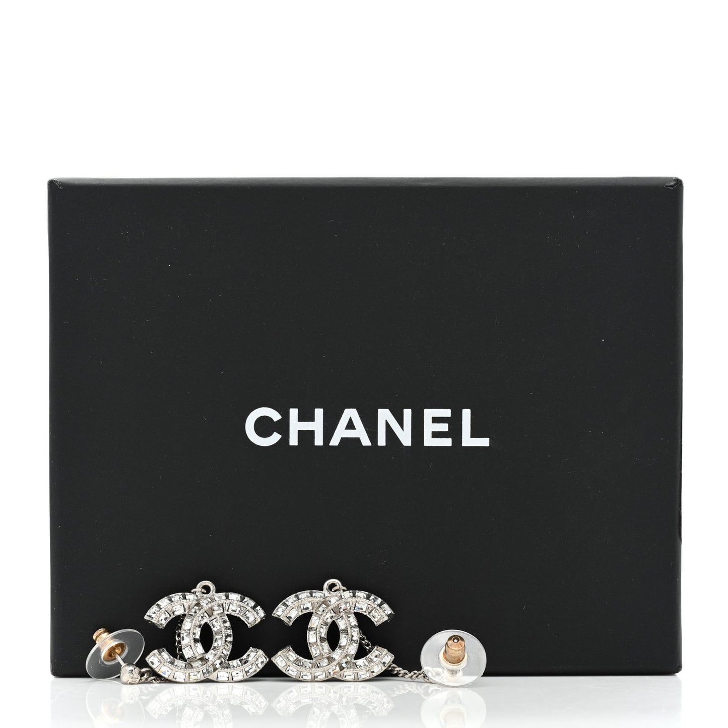 Baguette Crystal CC Drop Earrings Silver