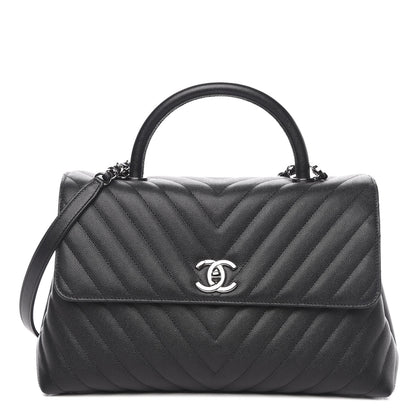 Chanel Caviar Chevron Quilted Medium Coco Handle Flap Black 2 of 13