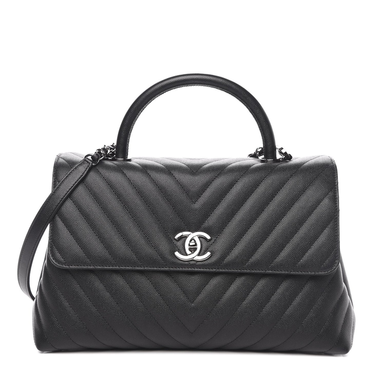 Caviar Chevron Quilted Medium Coco Handle Flap Black