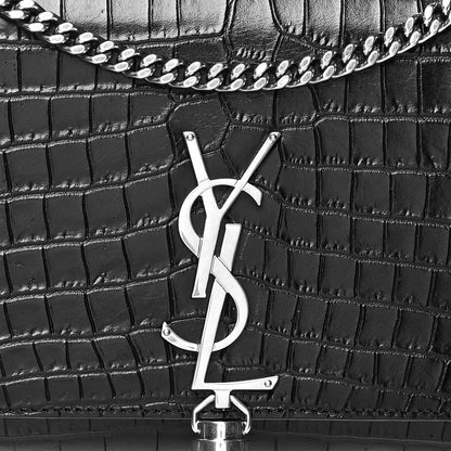Saint Laurent Calfskin Crocodile Embossed Medium Classic Monogram Kate Tassel Satchel Black 9 of 11