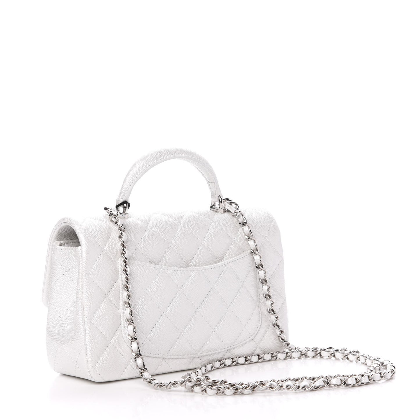 Iridescent Caviar Quilted Mini Top Handle Rectangular Flap White
