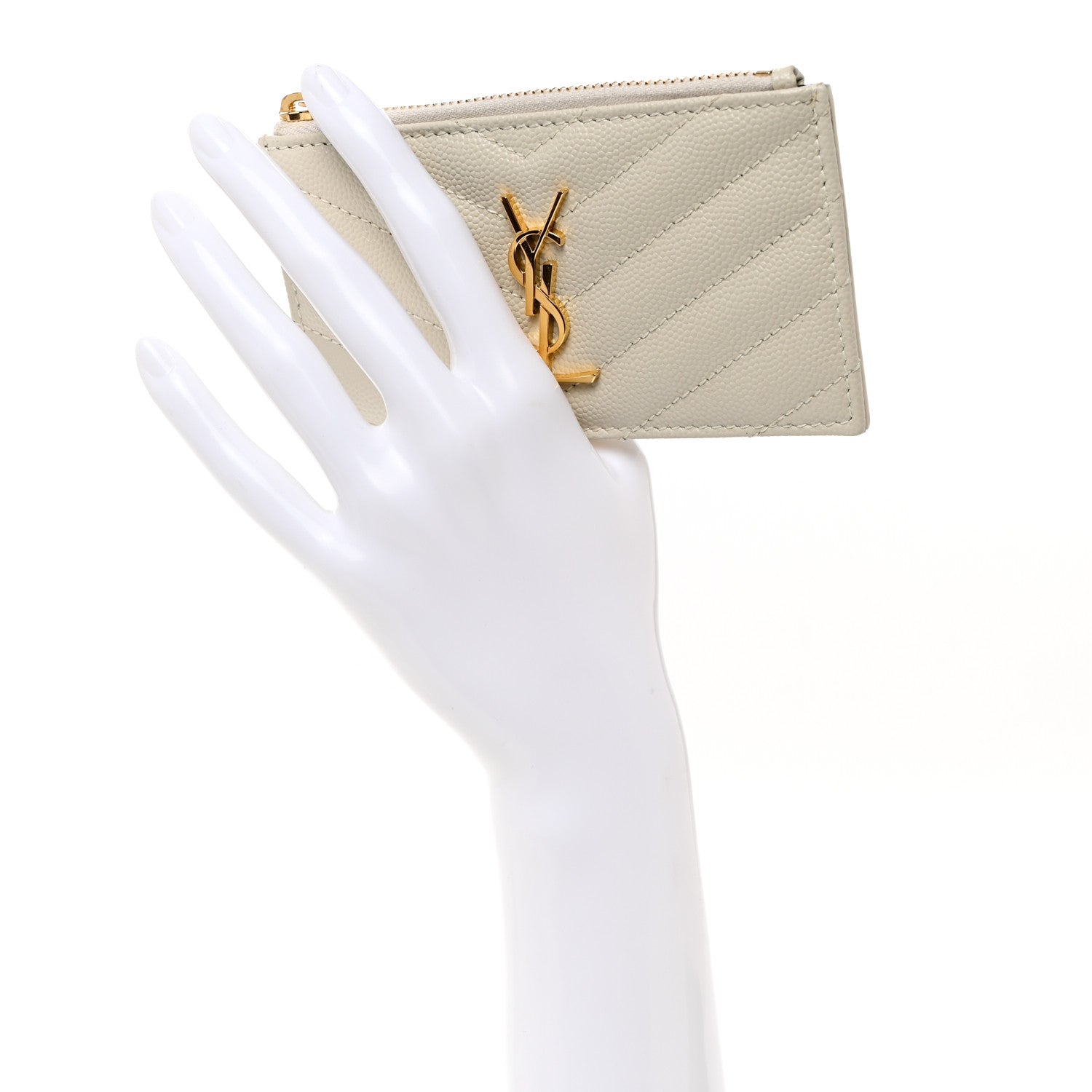 Saint Laurent Grain De Poudre Matelasse Chevron Monogram Fragments Zippered Card Case Crema Soft 2 of 8