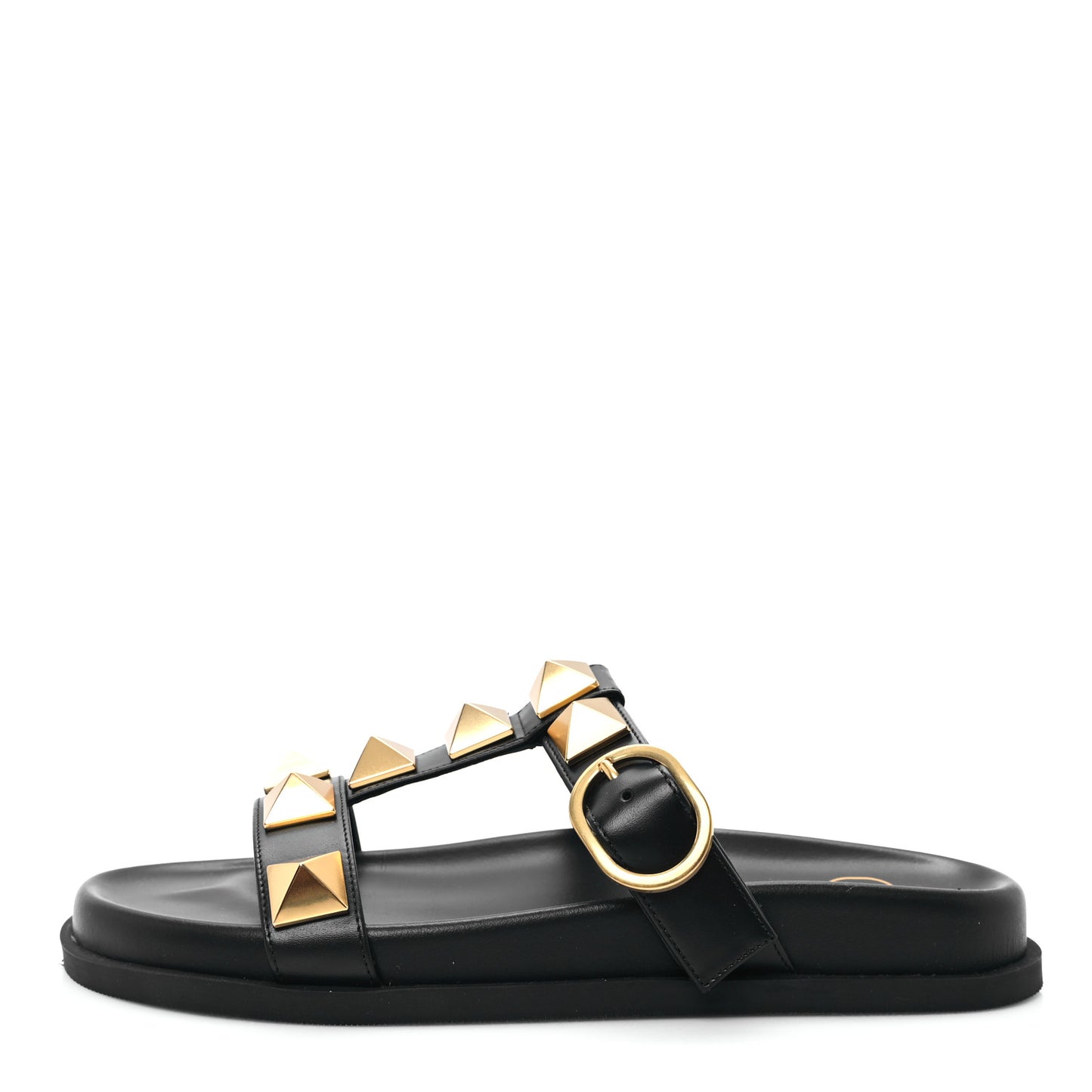 Calfskin Roman Stud Flat Slide Sandals 36 Black