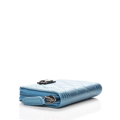 Chanel Metallic Caviar Quilted Boy Zip Around Coin Purse Wallet Turquoise 4 of 8