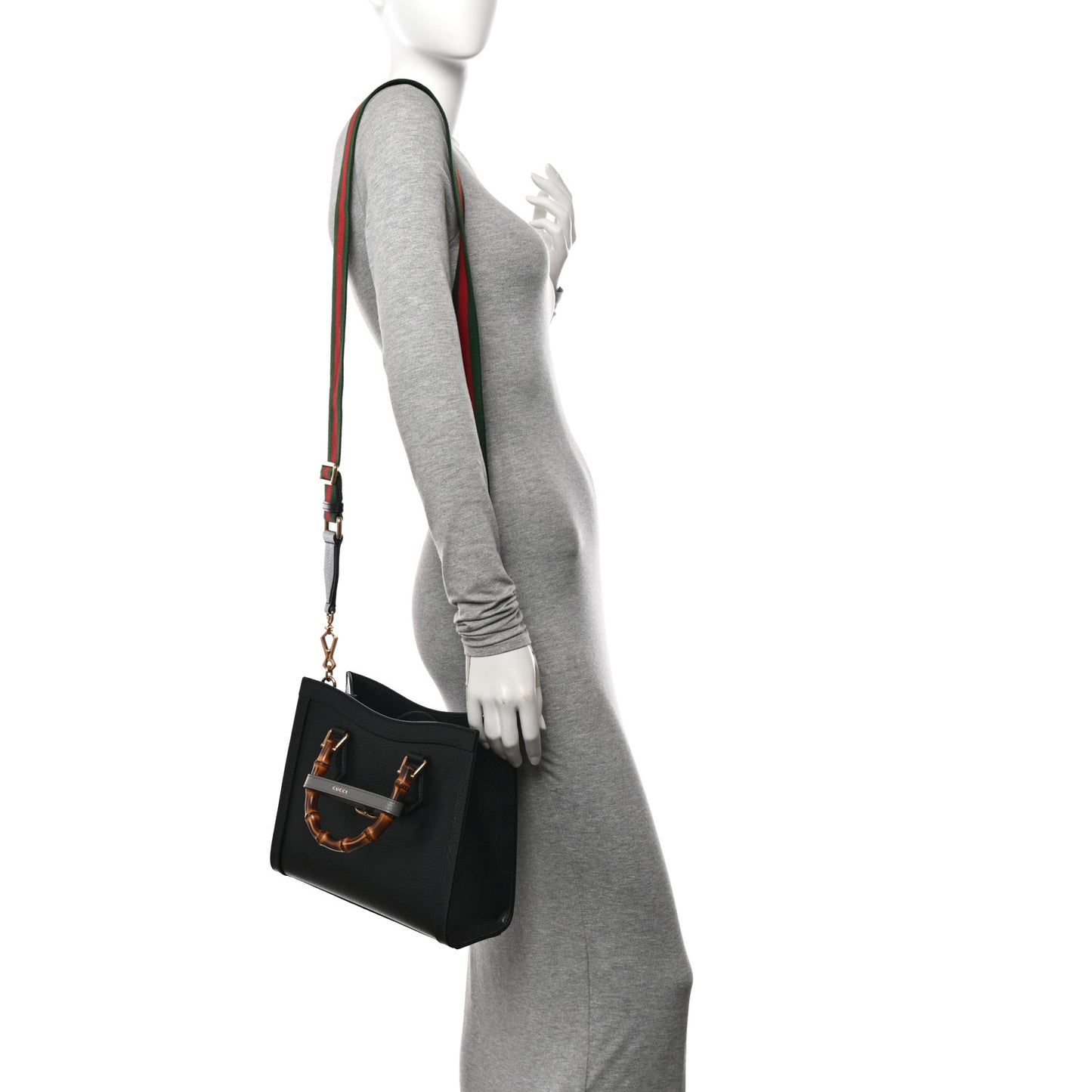Textured Dollar Calfskin Web Mini Diana Tote Bag Black Dusty Grey