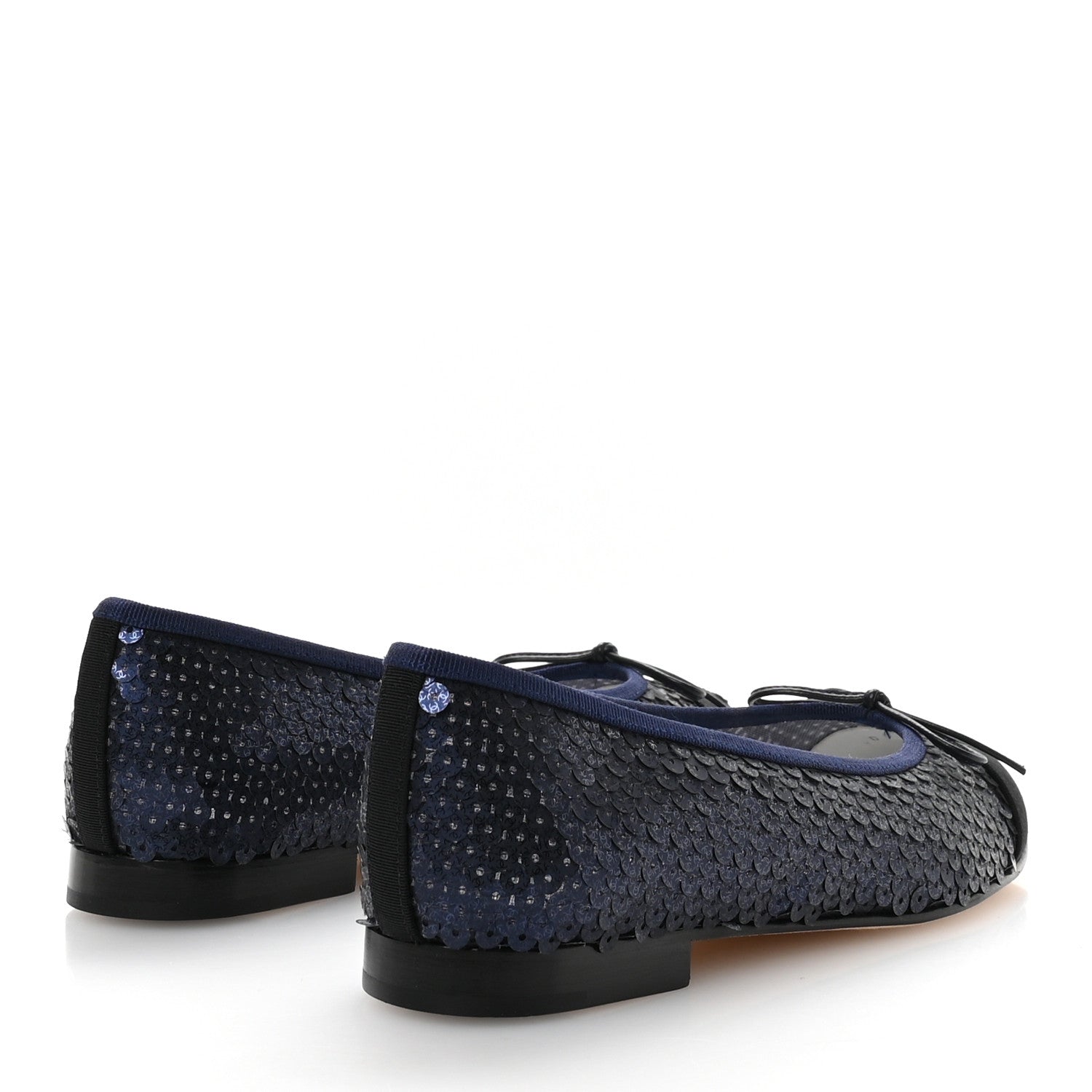 Chanel Glittered Muslin Grosgrain Cap Toe Ballerina Flats 37 Navy Blue Black 5 of 8