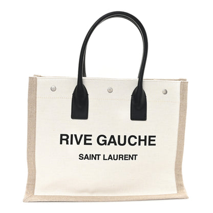 Saint Laurent Linen Calfskin Small Rive Gauche Tote Greggio Natural 1 of 12