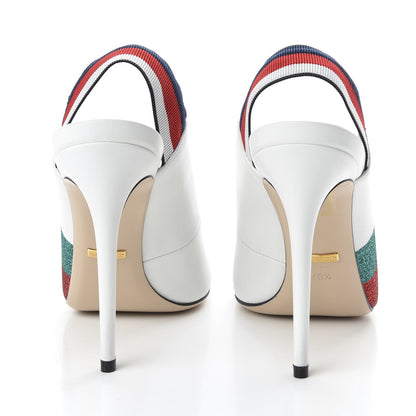 Gucci Calfskin Glitter Web High Heel Slingback Pumps 40.5 White 6 of 10