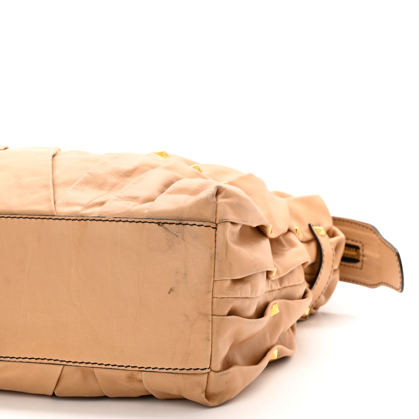 Lambskin Pleated Studded Maizeon Tote Tan