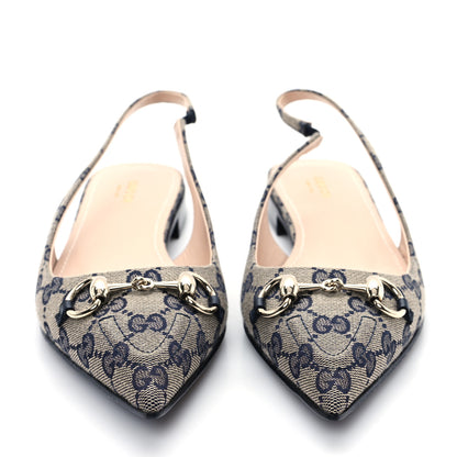 Gucci Monogram Horsebit Womens Slingback Ballet Flat 39.5 Beige Blue 3 of 10