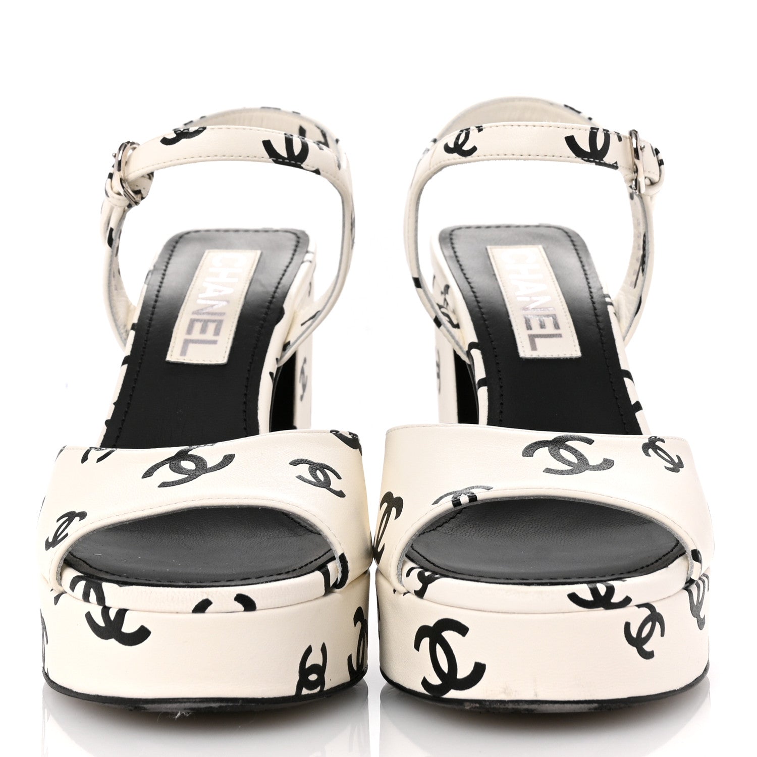 Chanel Printed Lambskin CC Platform Sandals 37 White Black 3 of 12