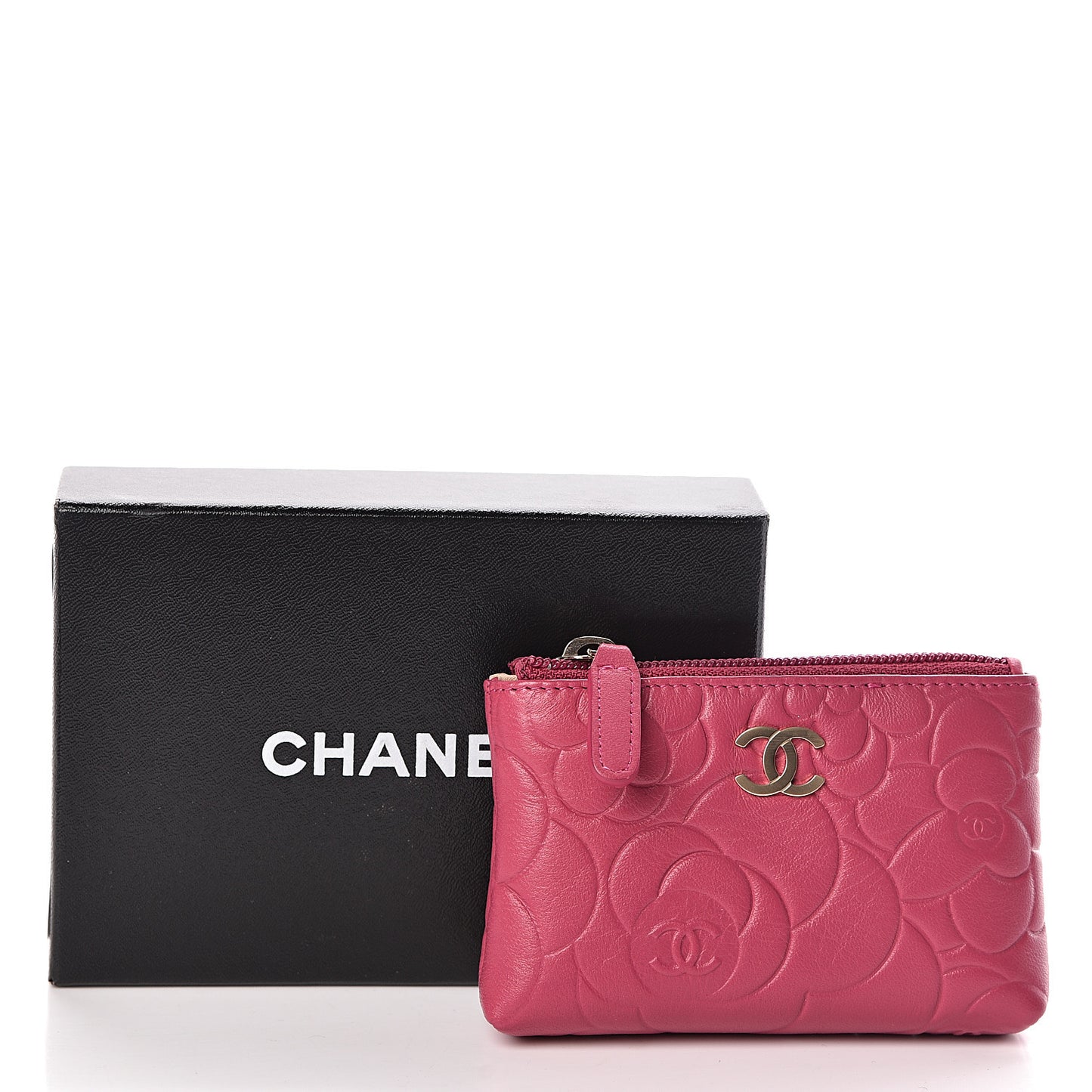 Lambskin Camellia Embossed Key Holder Case Fuchsia
