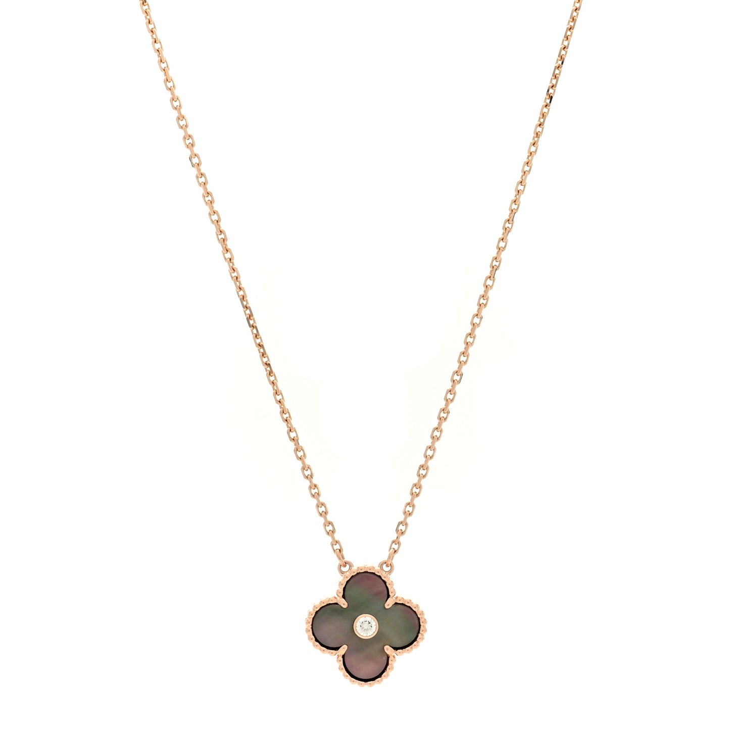 18K Rose Gold Diamond Grey Mother of Pearl Vintage Alhambra Pendant Necklace