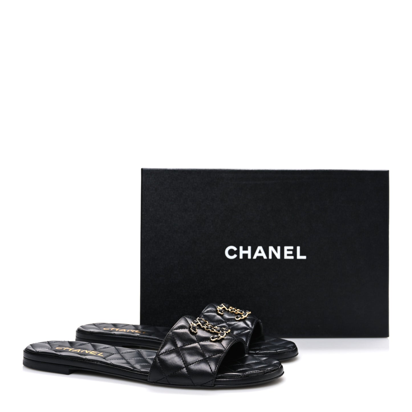 Shiny Goatskin Quilted CC Mules Sandals 40 Black