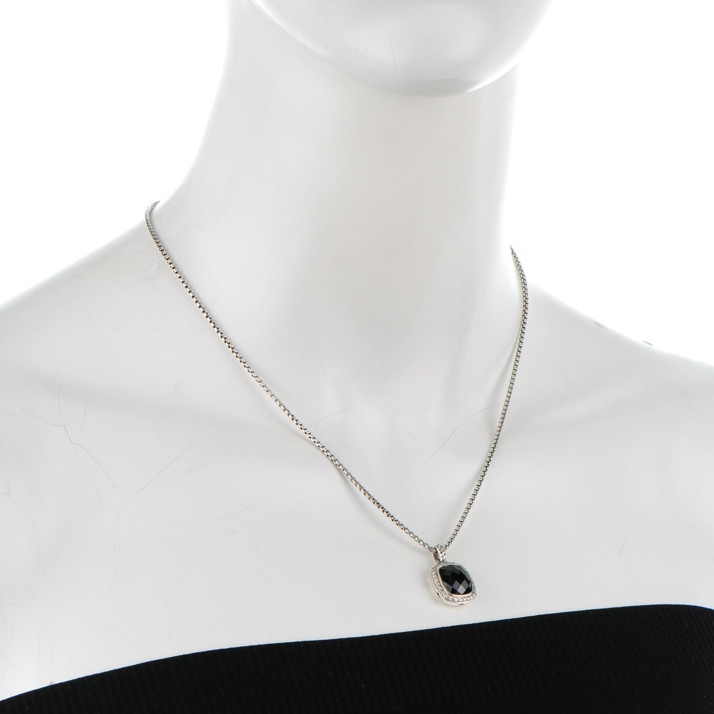 Sterling Silver Pave Diamond Black Onyx 12mm Noblesse Pendant Necklace