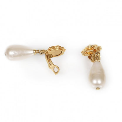 Chanel Camellia Pearl Tear Drop Clip On Earrings Gold 2 of 6