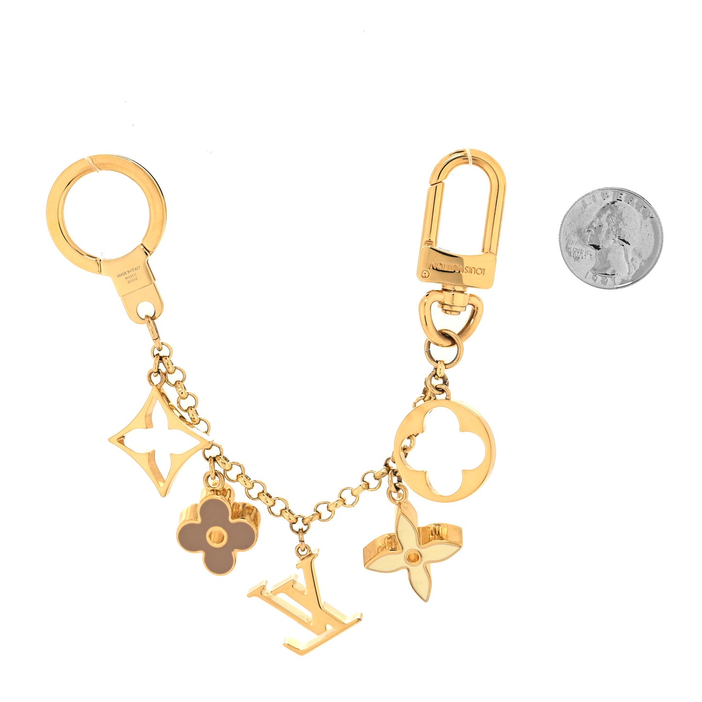 Brass Enamel Fleur De Monogram Bag Charm Chain Gold