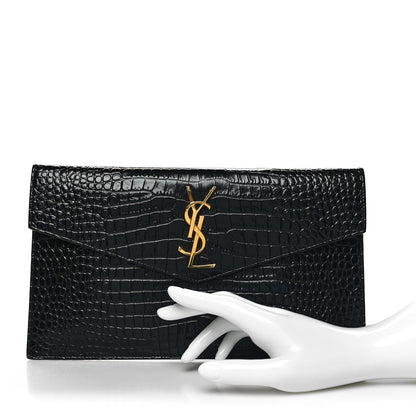 Saint Laurent Calfskin Crocodile Embossed Uptown Monogram Pouch Black 2 of 10