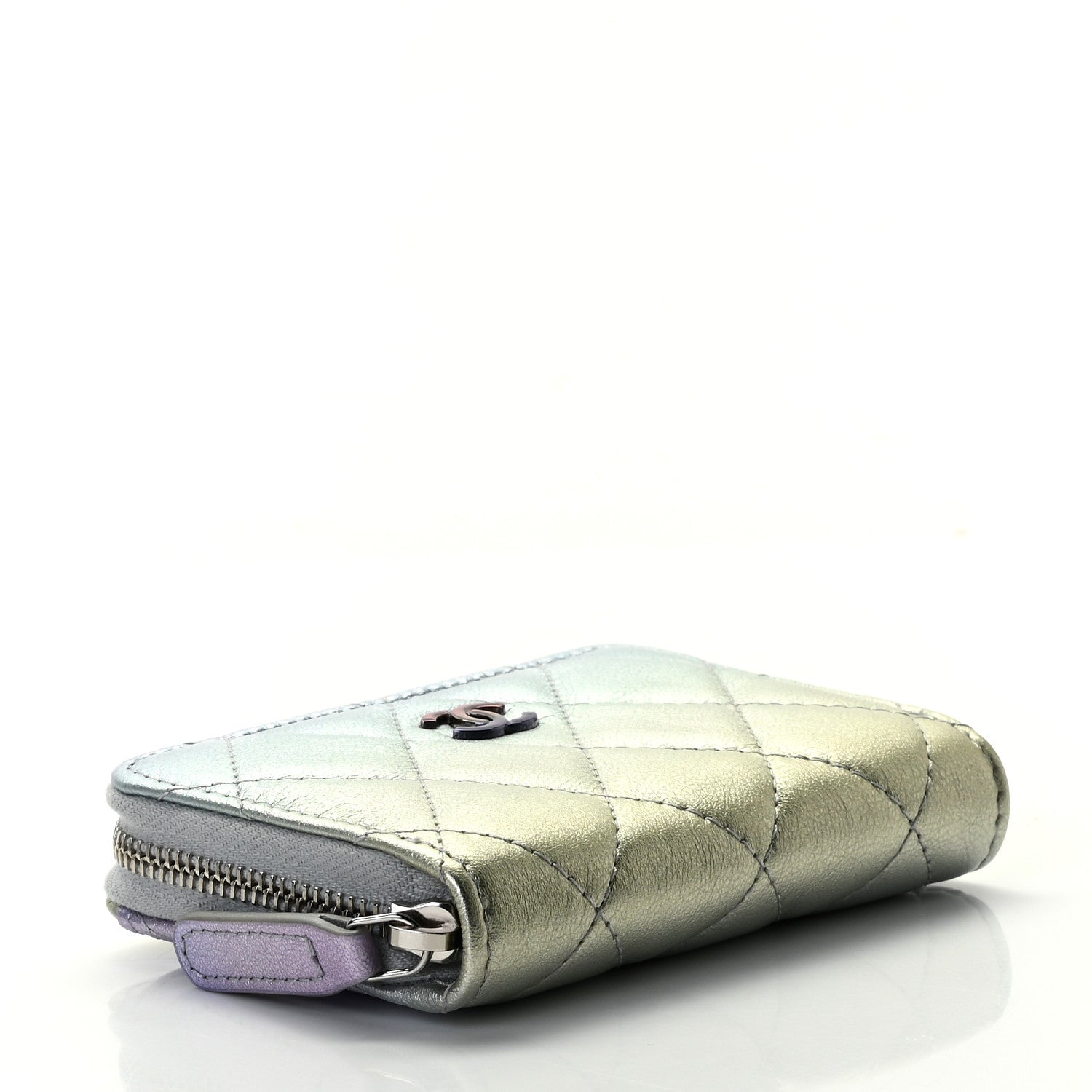 Chanel Gradient Metallic Calfskin Quilted Zip Around Coin Purse Wallet Silver Blue Yellow Purple 4 of 8
