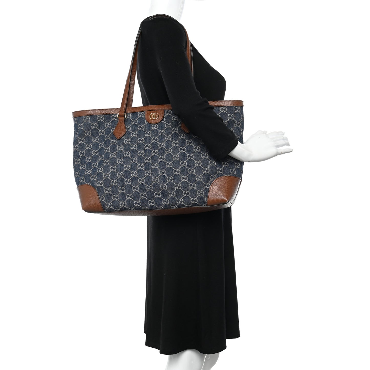 New Denim GG Monogram Medium Ophidia Shopping Tote Blue Tea Cuir