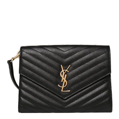 Saint Laurent Grain De Poudre Matelasse Chevron Monogram Envelope Clutch Black 1 of 7