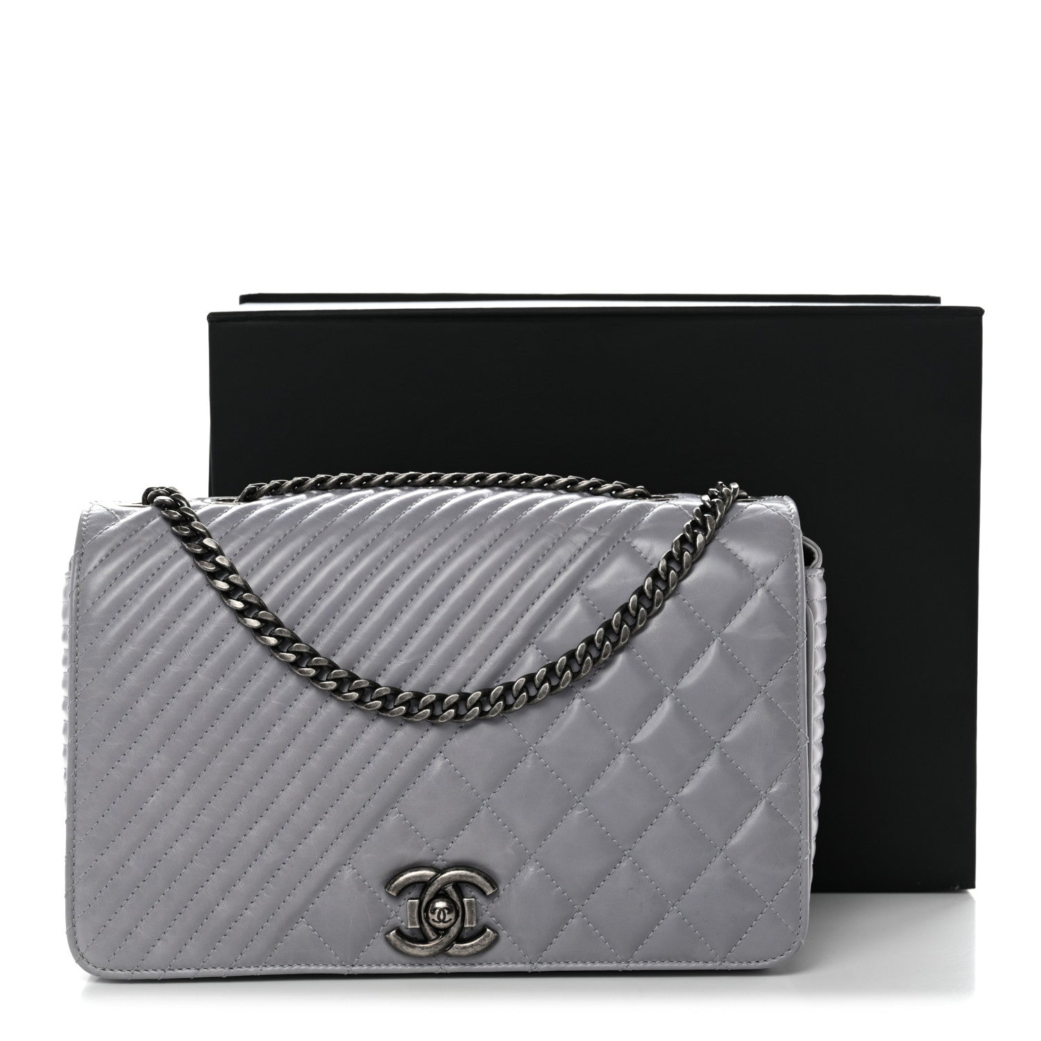 Chanel Glazed Calfskin Quilted Medium Coco Boy Flap Light Grey 11 of 11