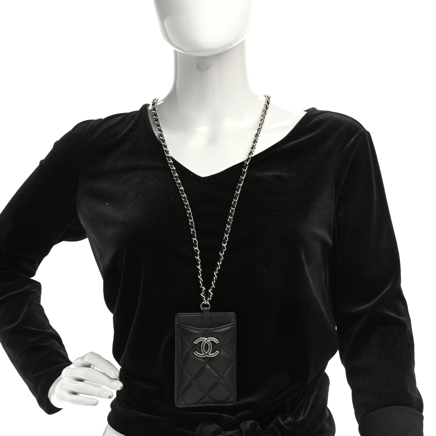 Lambskin Quilted Glitter Card Holder On Chain Black
