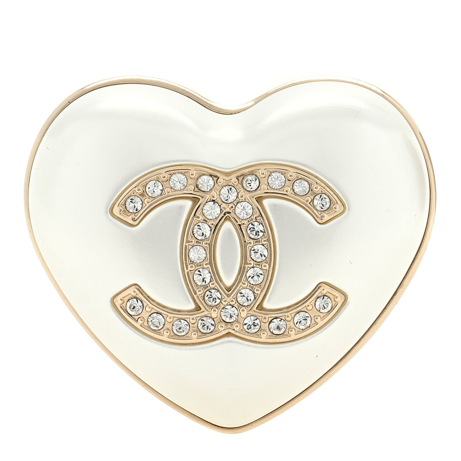 Chanel Resin Crystal CC Heart Brooch Pearly White Gold 1 of 3