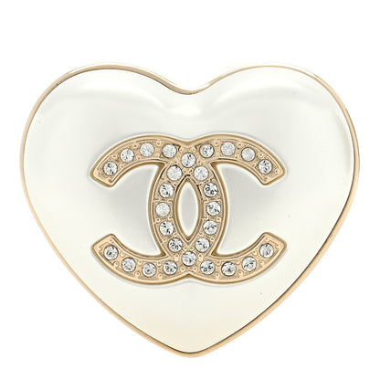 Chanel Resin Crystal CC Heart Brooch Pearly White Gold 1 of 3