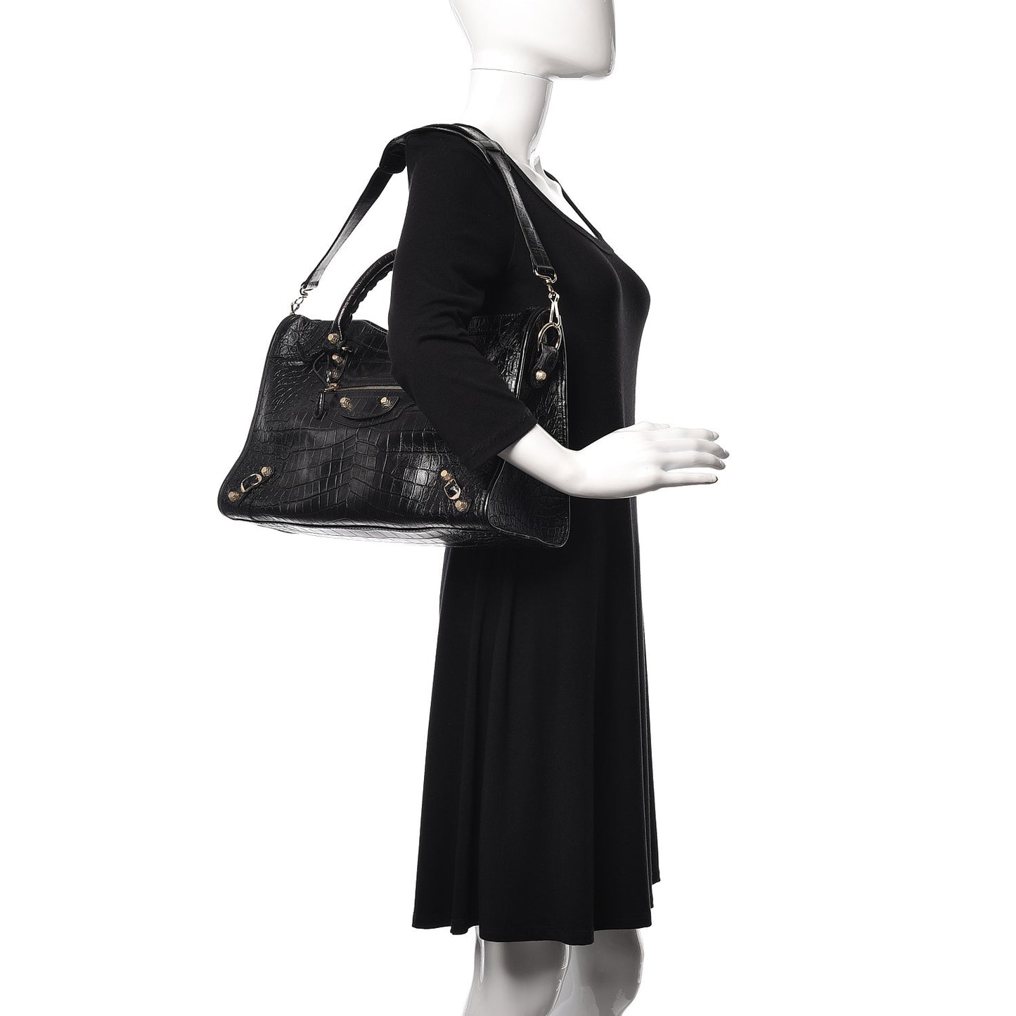 Calfskin Crocodile Embossed Giant 12 Gold Hardware City Black