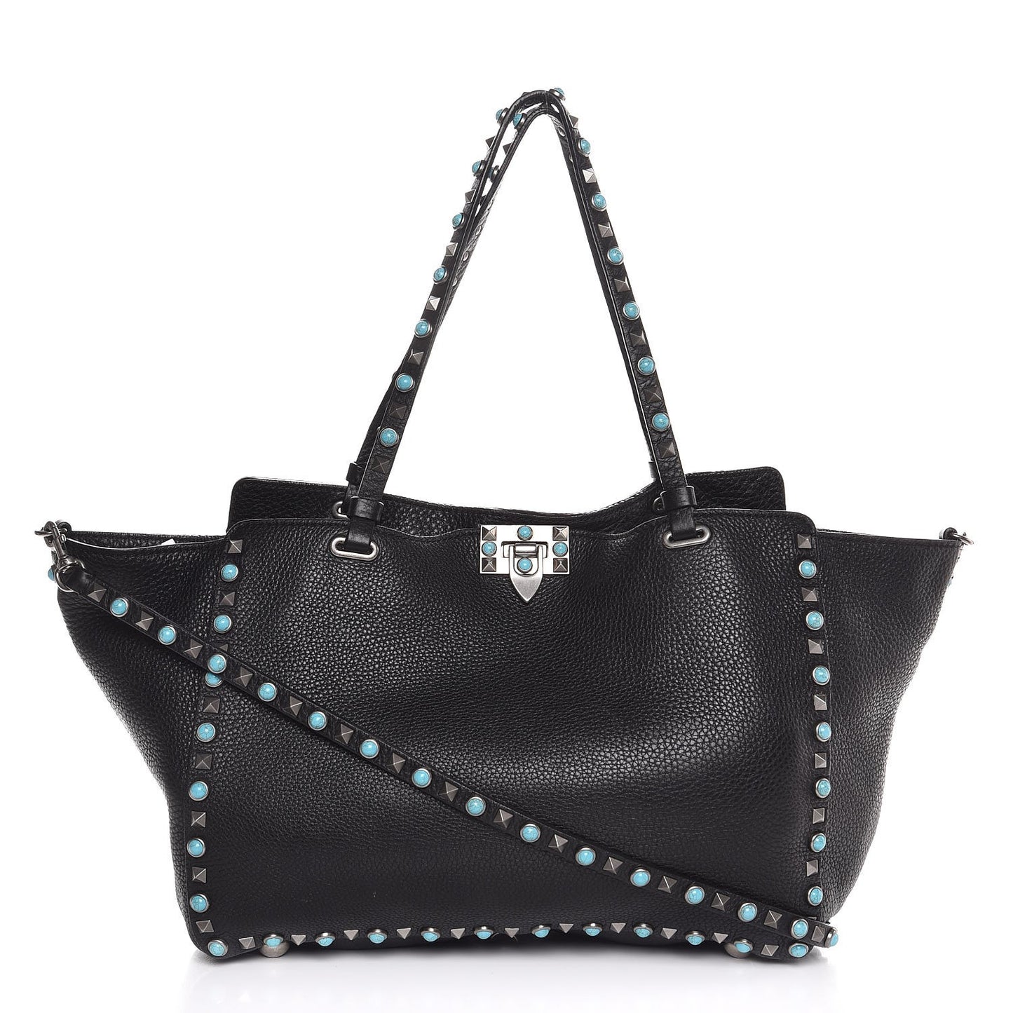 Grained Calfskin Turquoise Medium Rockstud Rolling Tote Black