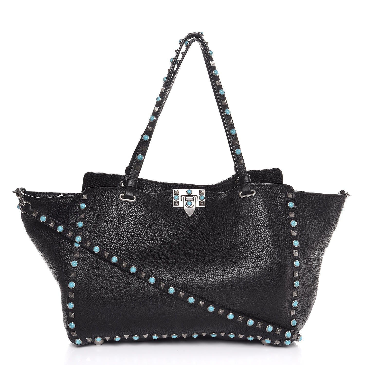 Valentino Garavani Grained Calfskin Turquoise Medium Rockstud Rolling Tote Black 1 of 13